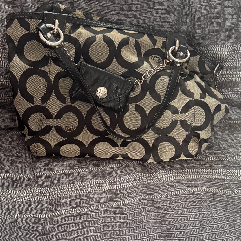 Coach Black and Tan Signature Shoulder Bag
